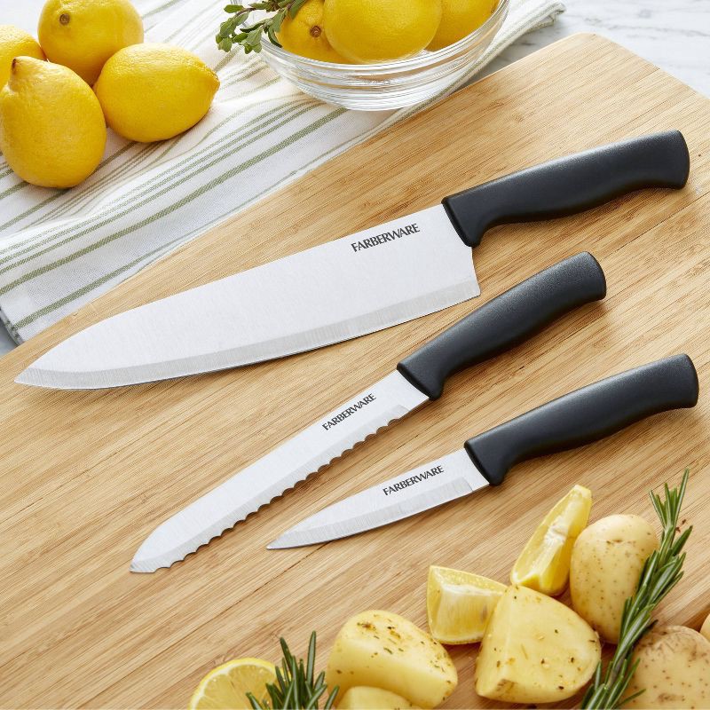 slide 5 of 9, Farberware 3 Piece Chef Knife Set: Stainless Steel Kitchen Knives with Black Polypropylene Handles, Includes Paring & Utility, 3 ct