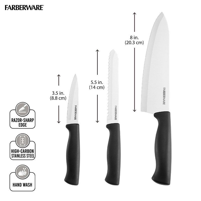 slide 6 of 9, Farberware 3 Piece Chef Knife Set: Stainless Steel Kitchen Knives with Black Polypropylene Handles, Includes Paring & Utility, 3 ct