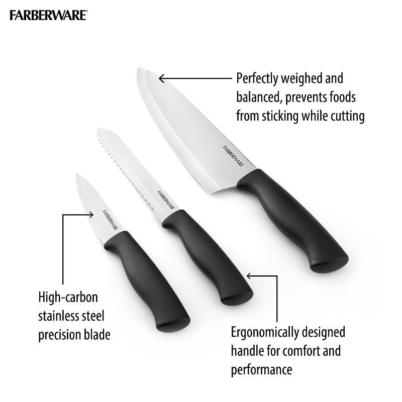 slide 7 of 9, Farberware 3 Piece Chef Knife Set: Stainless Steel Kitchen Knives with Black Polypropylene Handles, Includes Paring & Utility, 3 ct