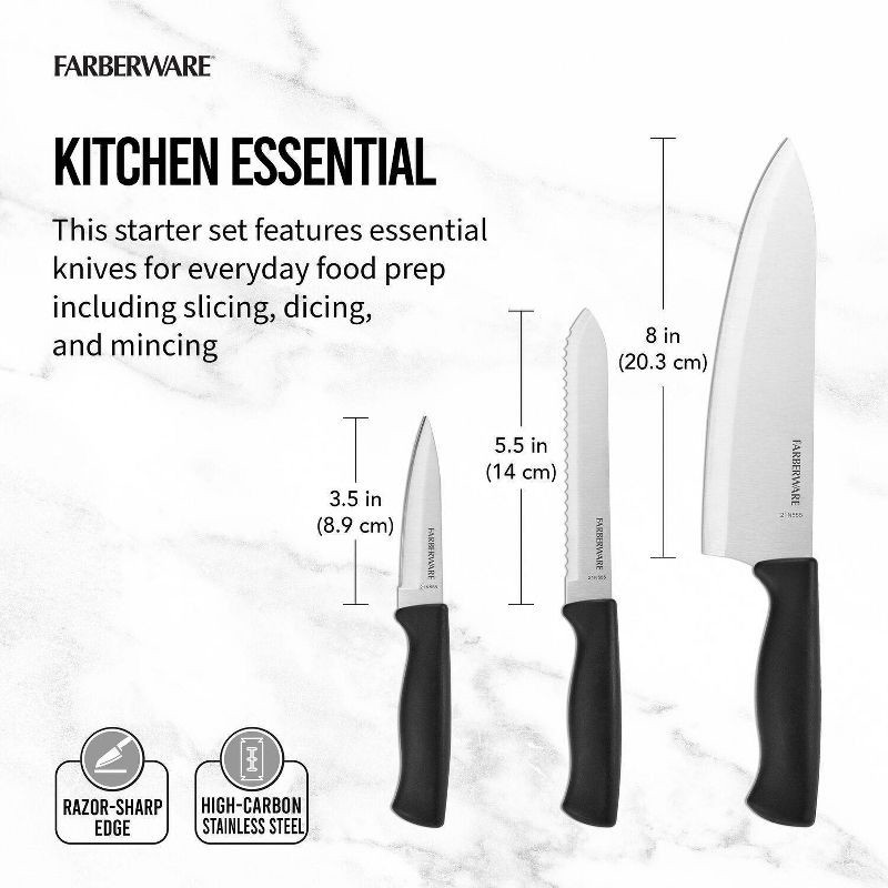 slide 9 of 9, Farberware 3 Piece Chef Knife Set: Stainless Steel Kitchen Knives with Black Polypropylene Handles, Includes Paring & Utility, 3 ct