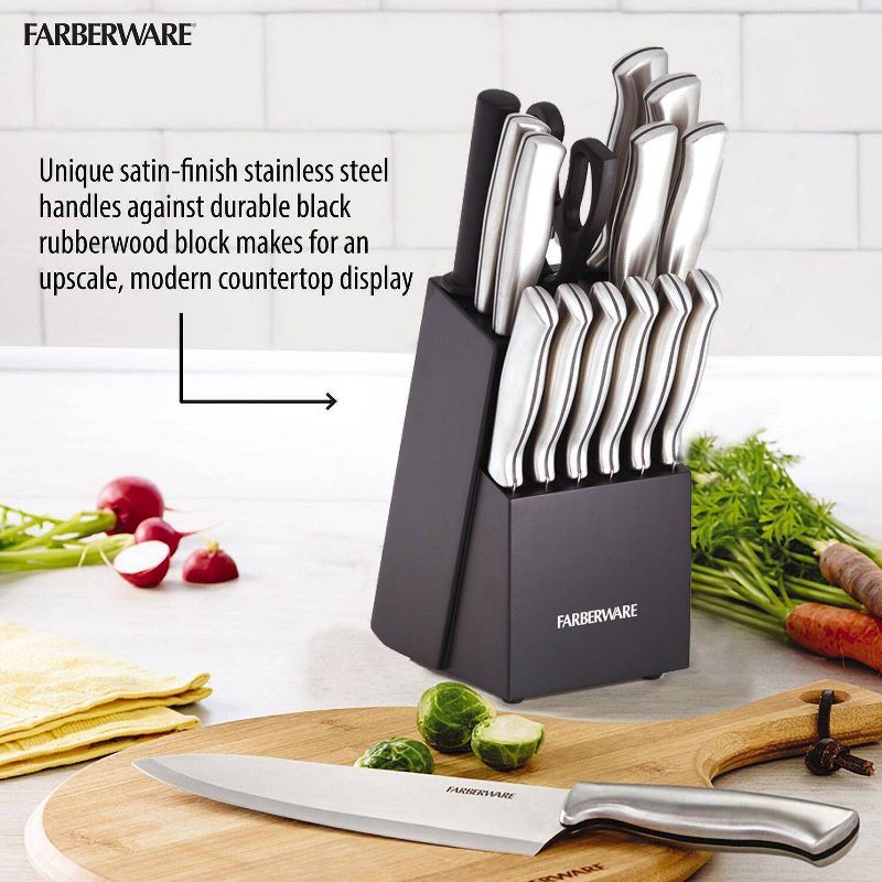 slide 12 of 13, Farberware 15pc Stainless Steel Knife Block Set: Kitchen Knife Set with Block, Serrated Blades, Hand Wash, Silver, 15 ct