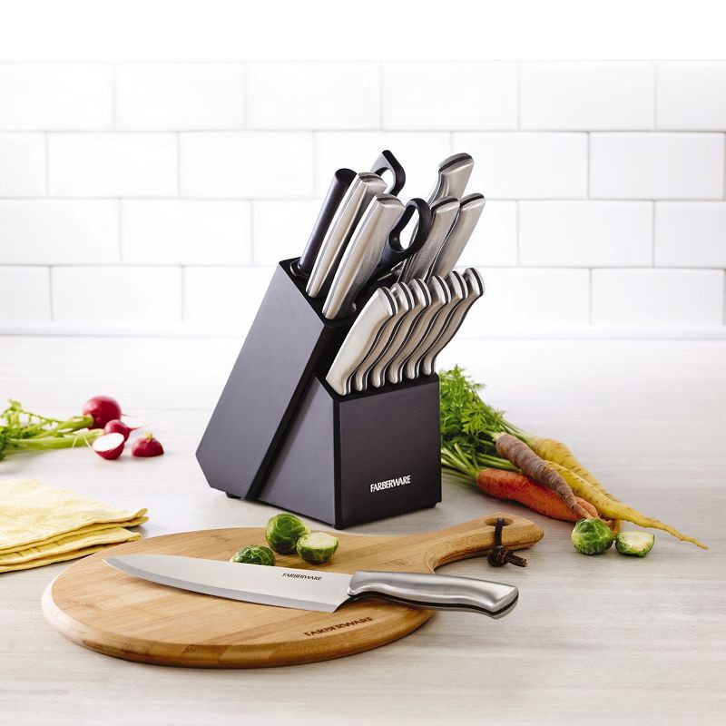 slide 4 of 13, Farberware 15pc Stainless Steel Knife Block Set: Kitchen Knife Set with Block, Serrated Blades, Hand Wash, Silver, 15 ct