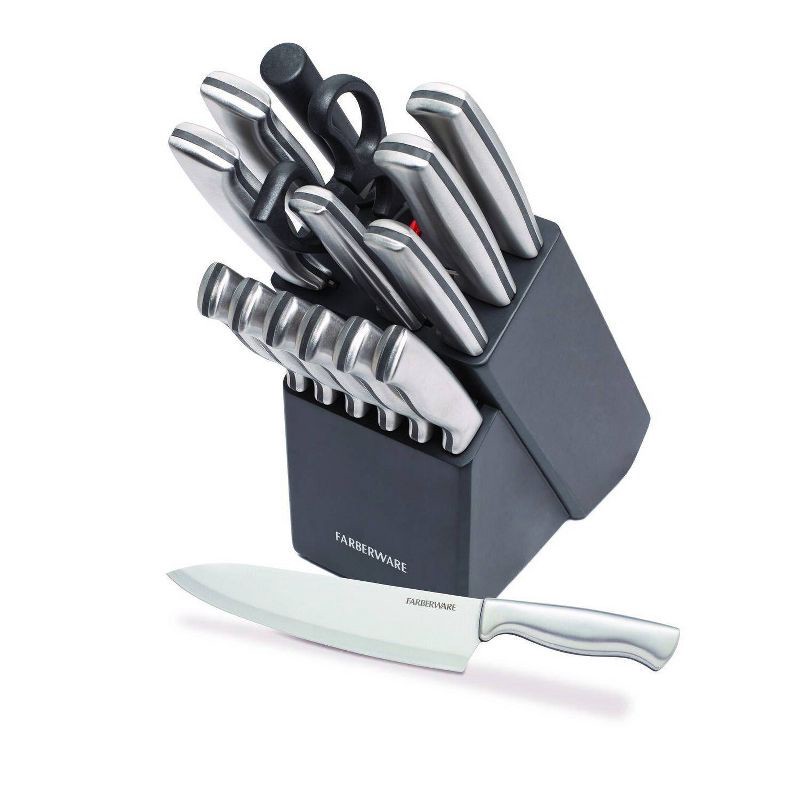 slide 5 of 13, Farberware 15pc Stainless Steel Knife Block Set: Kitchen Knife Set with Block, Serrated Blades, Hand Wash, Silver, 15 ct