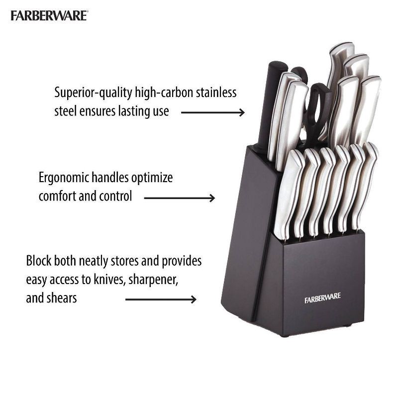 slide 7 of 13, Farberware 15pc Stainless Steel Knife Block Set: Kitchen Knife Set with Block, Serrated Blades, Hand Wash, Silver, 15 ct