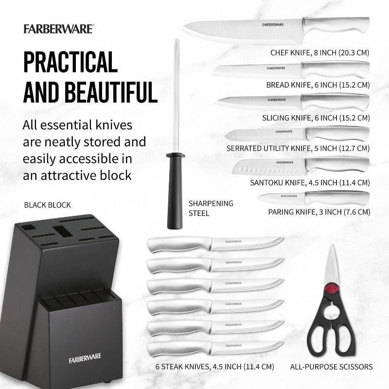 slide 8 of 13, Farberware 15pc Stainless Steel Knife Block Set: Kitchen Knife Set with Block, Serrated Blades, Hand Wash, Silver, 15 ct