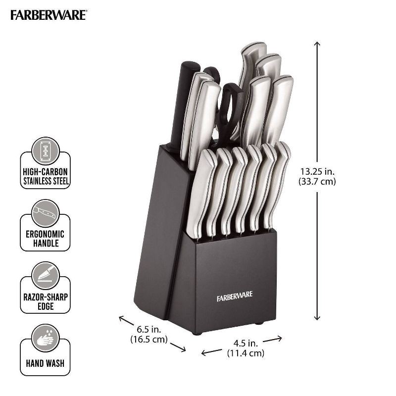 slide 10 of 13, Farberware 15pc Stainless Steel Knife Block Set: Kitchen Knife Set with Block, Serrated Blades, Hand Wash, Silver, 15 ct