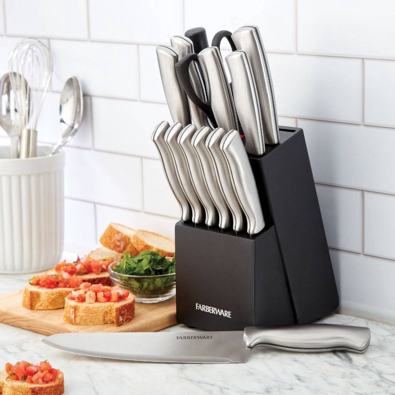 slide 11 of 13, Farberware 15pc Stainless Steel Knife Block Set: Kitchen Knife Set with Block, Serrated Blades, Hand Wash, Silver, 15 ct