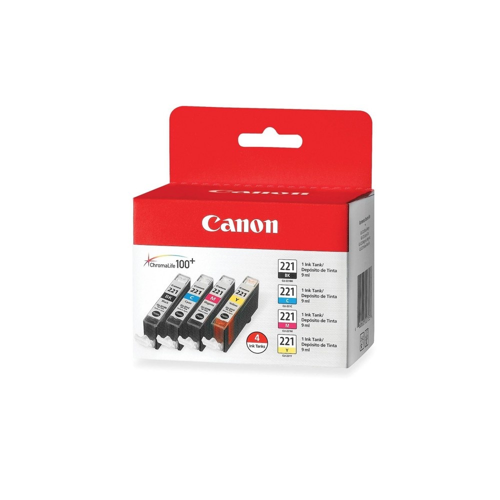 slide 3 of 3, Canon 221 Black,C/M/Y 4pk Combo Ink Cartridges - Black, Cyan, Magenta, Yellow (2946B004), 4 ct