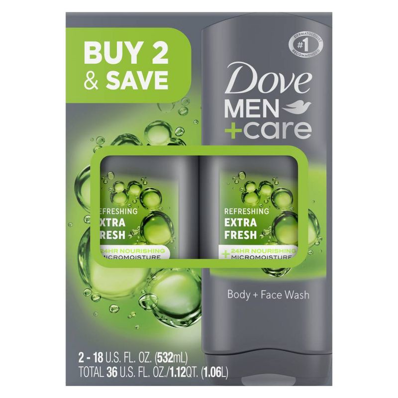 slide 2 of 7, Dove Men+Care Extra Fresh Micro Moisture Cooling Body Wash - 18 fl oz/2pk, 18 fl oz, 2 ct