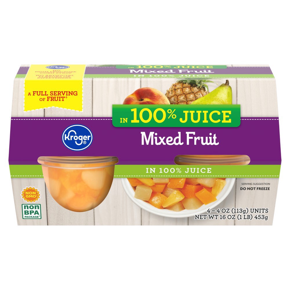 slide 2 of 3, Kroger 100% Juice Mixed Fruit Cups 4 Count, 16 oz