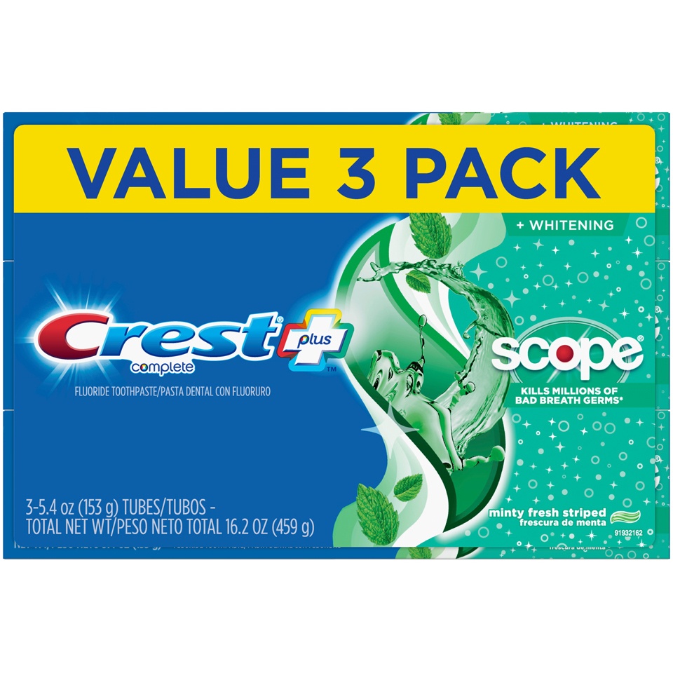 slide 1 of 4, Crest Complete Multi-Benefit Whitening + Scope Toothpaste Minty Fresh Triple Pack, 18.6 oz; 3 ct