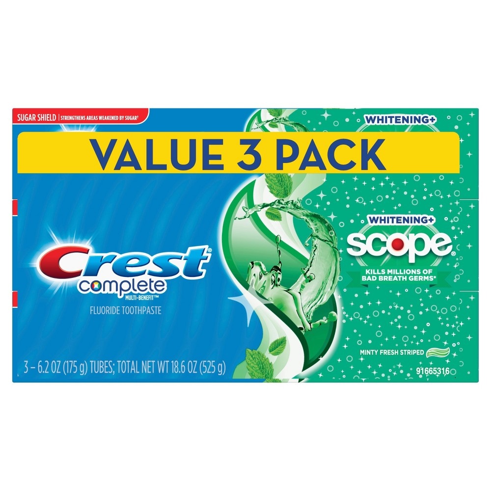 slide 4 of 4, Crest Complete Multi-Benefit Whitening + Scope Toothpaste Minty Fresh Triple Pack, 18.6 oz; 3 ct