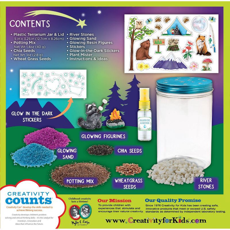 slide 8 of 8, Creativity for Kids Grow N' Glow Terrarium: Science Kit for Kids, Educational Toy, Includes Jar, Figures, Stickers, Rocks, 1 ct