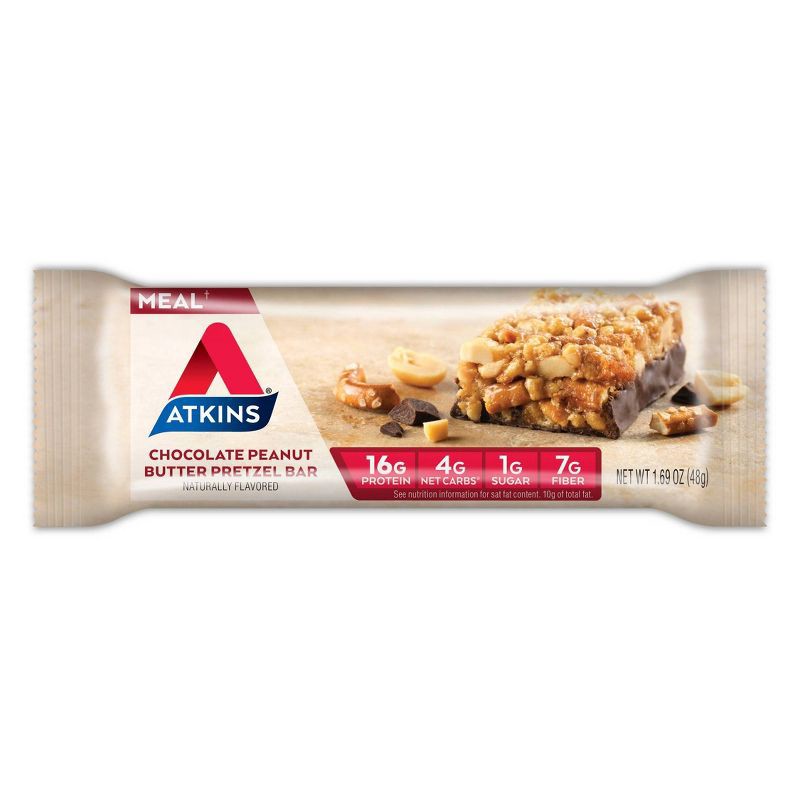 slide 2 of 6, Atkins Chocolate Peanut Butter Pretzel Protein Meal Bar - 5ct/8.47oz, 5 ct, 8.47 oz