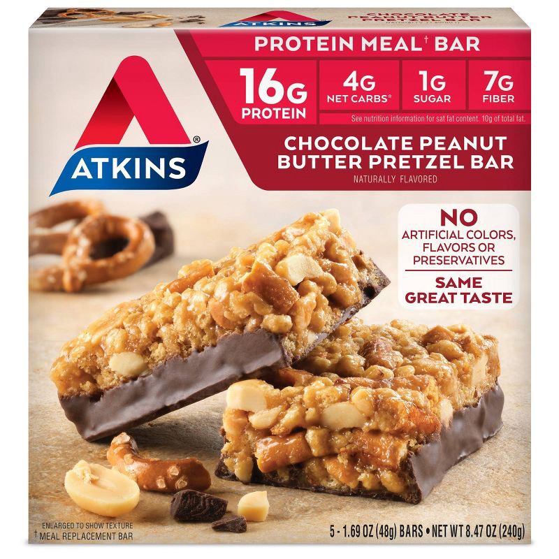 slide 1 of 6, Atkins Chocolate Peanut Butter Pretzel Protein Meal Bar - 5ct/8.47oz, 5 ct, 8.47 oz