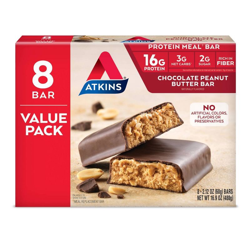 slide 1 of 6, Atkins Chocolate Peanut Butter Protein Meal Bar Value Pack - 8ct/16.9oz, 8 ct; 16.9 oz