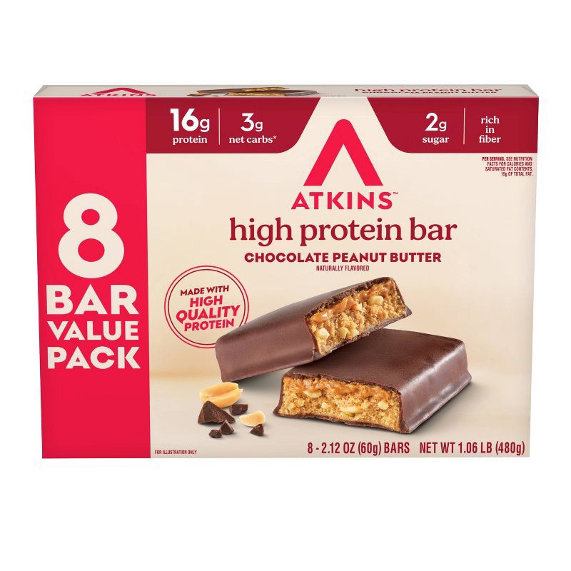 slide 1 of 8, Atkins 3g Net Carbs Chocolate Peanut Butter Flavored Whey Hight Protein Isolate Bars - 16g Protein - 16.9oz/8ct, 8 ct; 16.9 oz