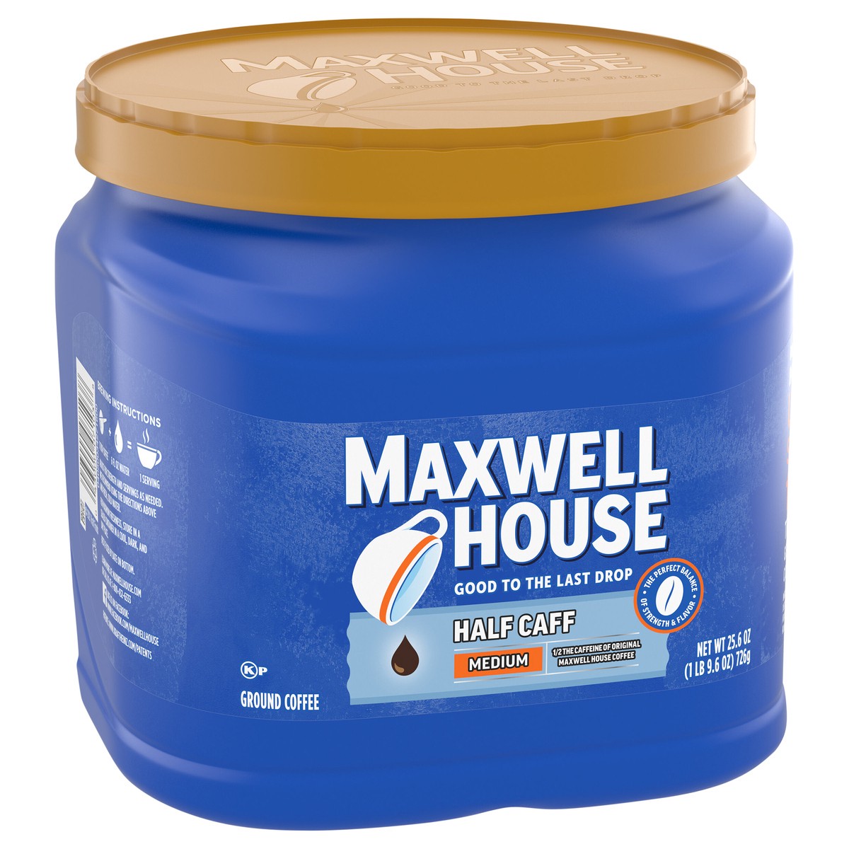 slide 8 of 9, Maxwell House Half Caff Original Medium Roast Ground Coffee, 25.6 oz Canister, 25.6 oz