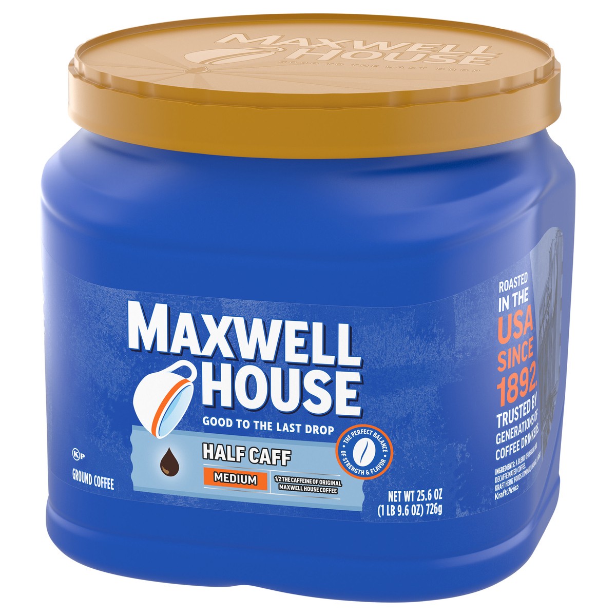 slide 2 of 9, Maxwell House Half Caff Original Medium Roast Ground Coffee, 25.6 oz Canister, 25.6 oz