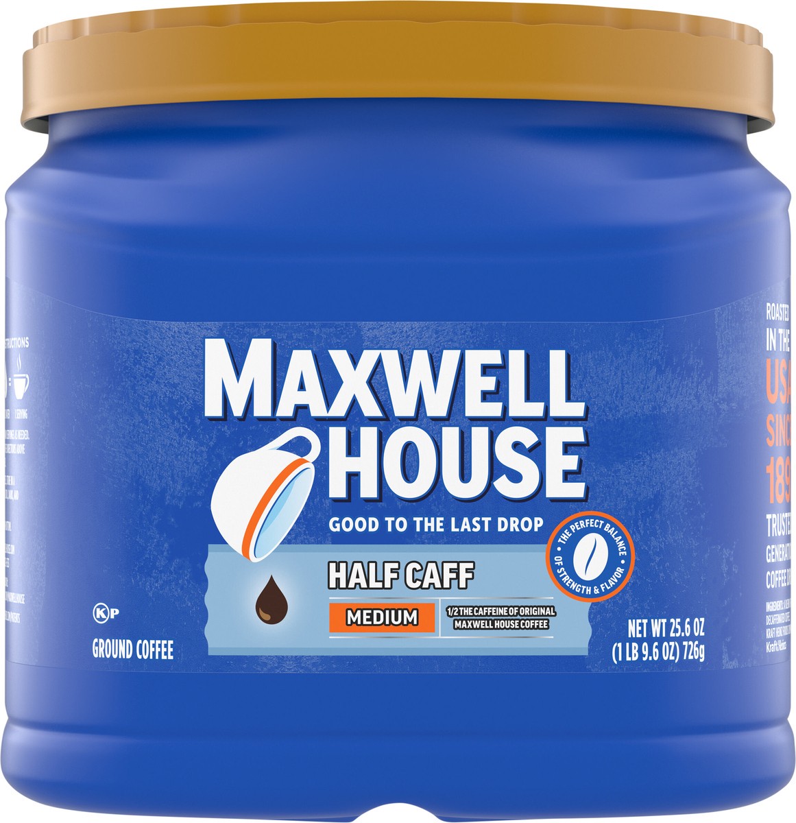 slide 6 of 9, Maxwell House Half Caff Original Medium Roast Ground Coffee, 25.6 oz Canister, 25.6 oz