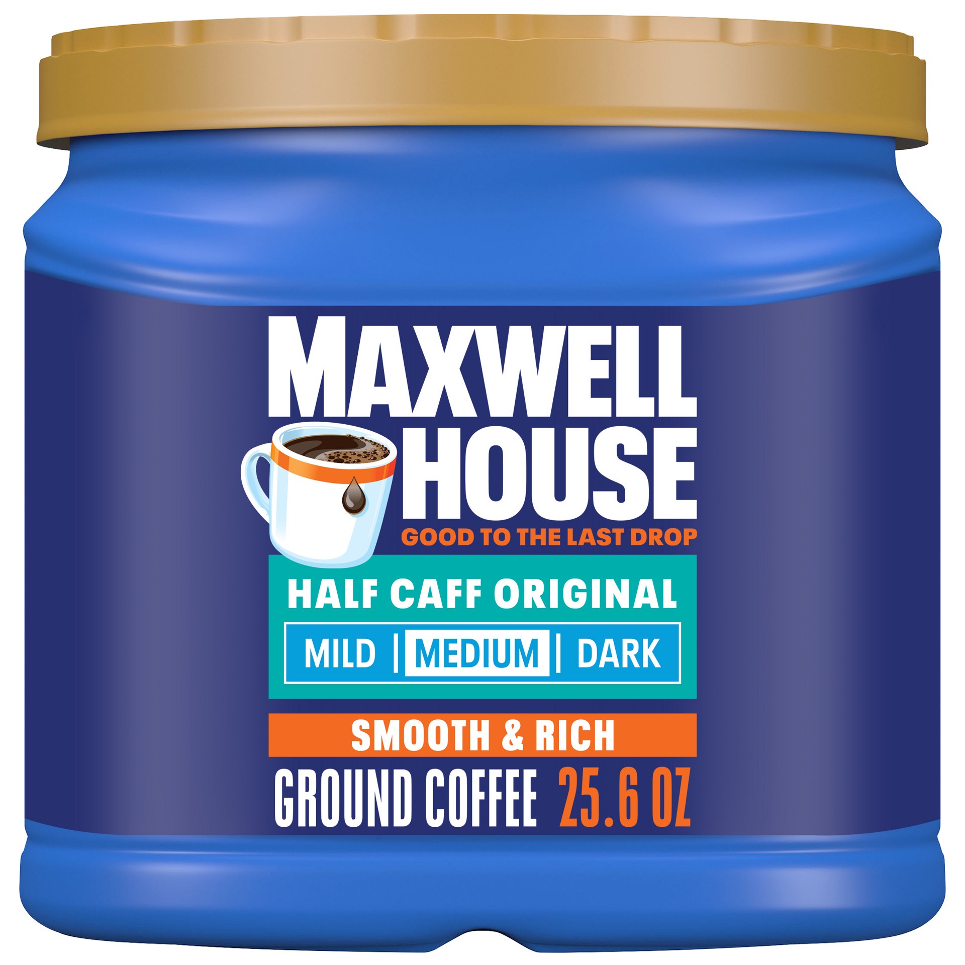 slide 1 of 9, Maxwell House Half Caff Original Medium Roast Ground Coffee, 25.6 oz Canister, 25.6 oz