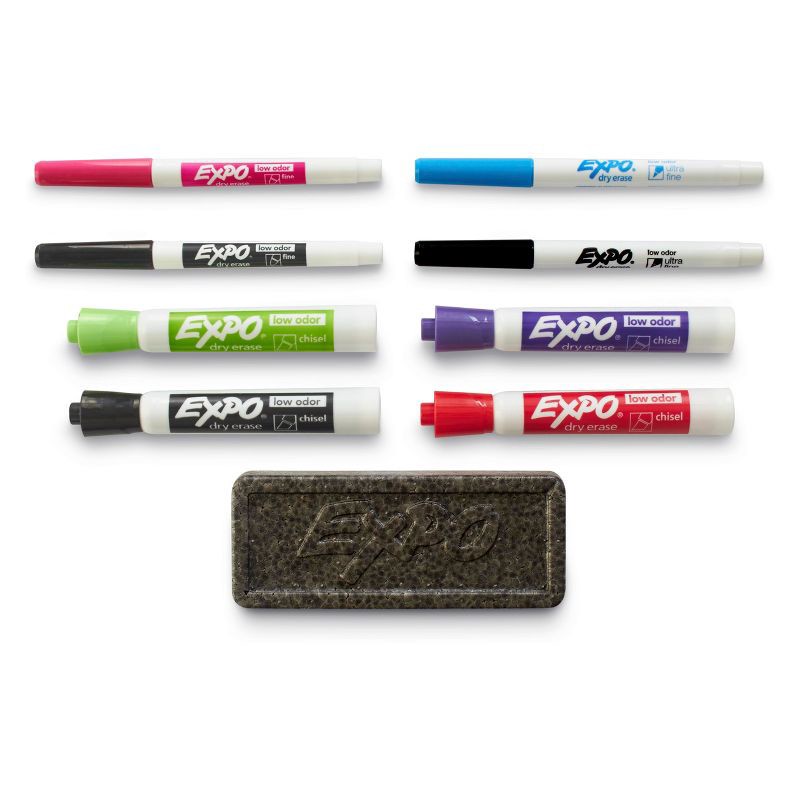 slide 2 of 9, Expo 9pk Dry Erase Marker Starter Set with Eraser & Fine/Ultra Fine/Chisel Tips Multicolored, 9 ct