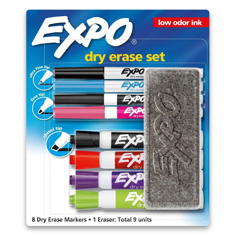 slide 1 of 9, Expo 9pk Dry Erase Marker Starter Set with Eraser & Fine/Ultra Fine/Chisel Tips Multicolored, 9 ct