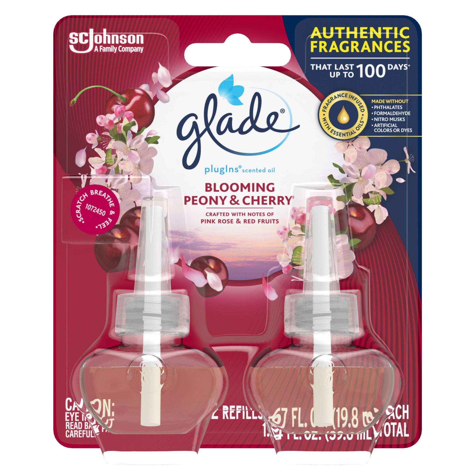 slide 1 of 4, Glade PlugIns Scented Oil Air Freshener Refill, Blooming Peony & Cherry, 2 ct; 1.34 oz