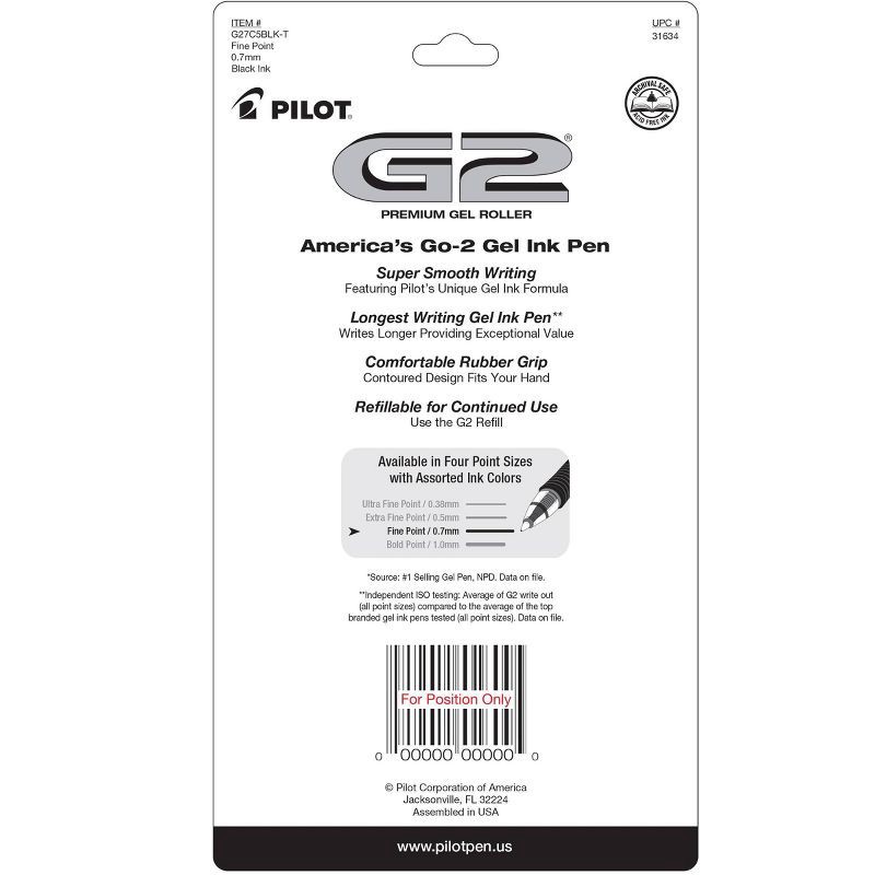 slide 2 of 3, Pilot 5ct G2 Gel Pens Fine Point 0.7mm Black Ink: Retractable, Rubber Grip, Stationery & Office Supplies, 5 ct