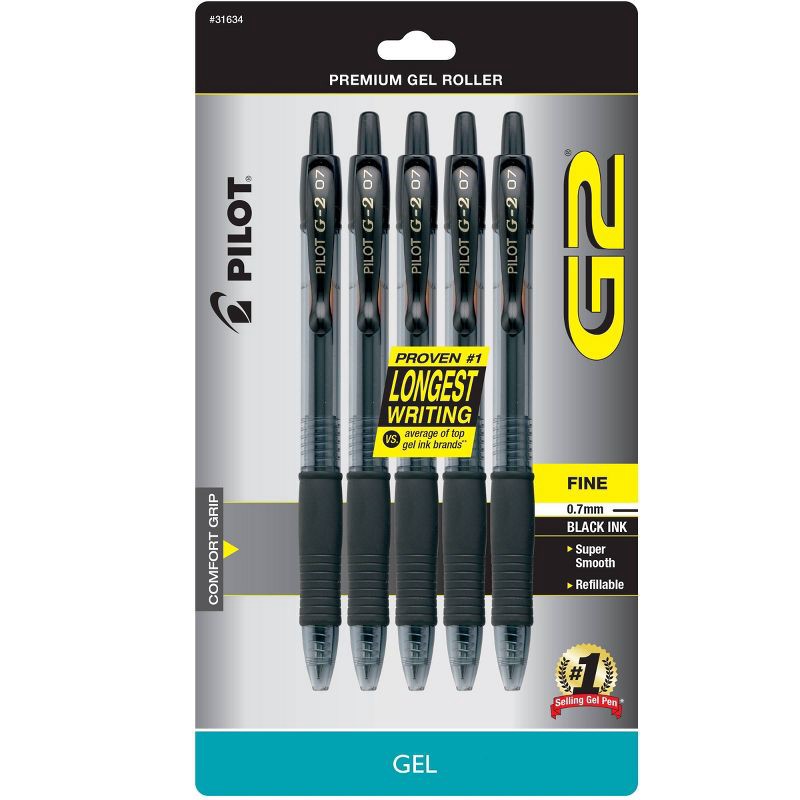 slide 1 of 3, Pilot 5ct G2 Gel Pens Fine Point 0.7mm Black Ink: Retractable, Rubber Grip, Stationery & Office Supplies, 5 ct