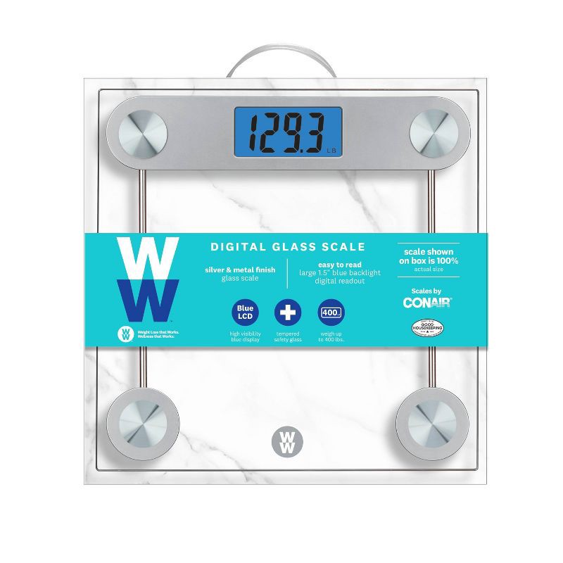 slide 2 of 7, Digital Glass Scale with LCD Display and Backlight Clear - Weight Watchers: Electronic Personal Bathroom Scale, 400 lb Capacity, 400 lb