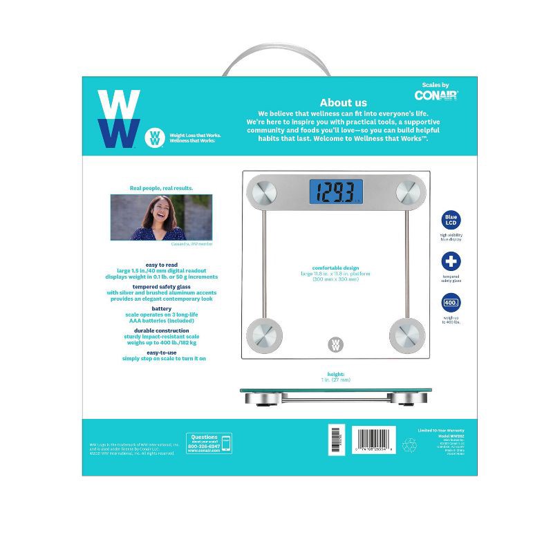 slide 3 of 7, Digital Glass Scale with LCD Display and Backlight Clear - Weight Watchers: Electronic Personal Bathroom Scale, 400 lb Capacity, 400 lb