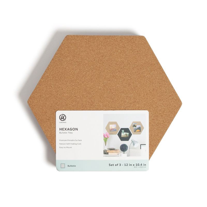 slide 2 of 8, U Brands 3ct Hexagon Cork Bulletin Board Tiles: Small Corkboard for Wall, Dorm Bulletin Board, 11.5" x 10.25", Brown, 3 ct