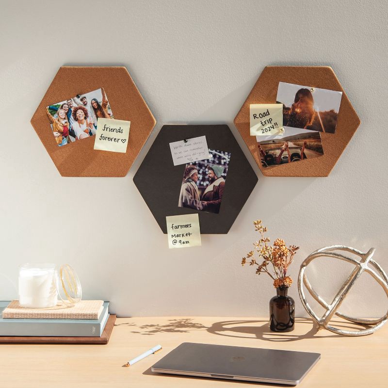 slide 8 of 8, U Brands 3ct Hexagon Cork Bulletin Board Tiles: Small Corkboard for Wall, Dorm Bulletin Board, 11.5" x 10.25", Brown, 3 ct