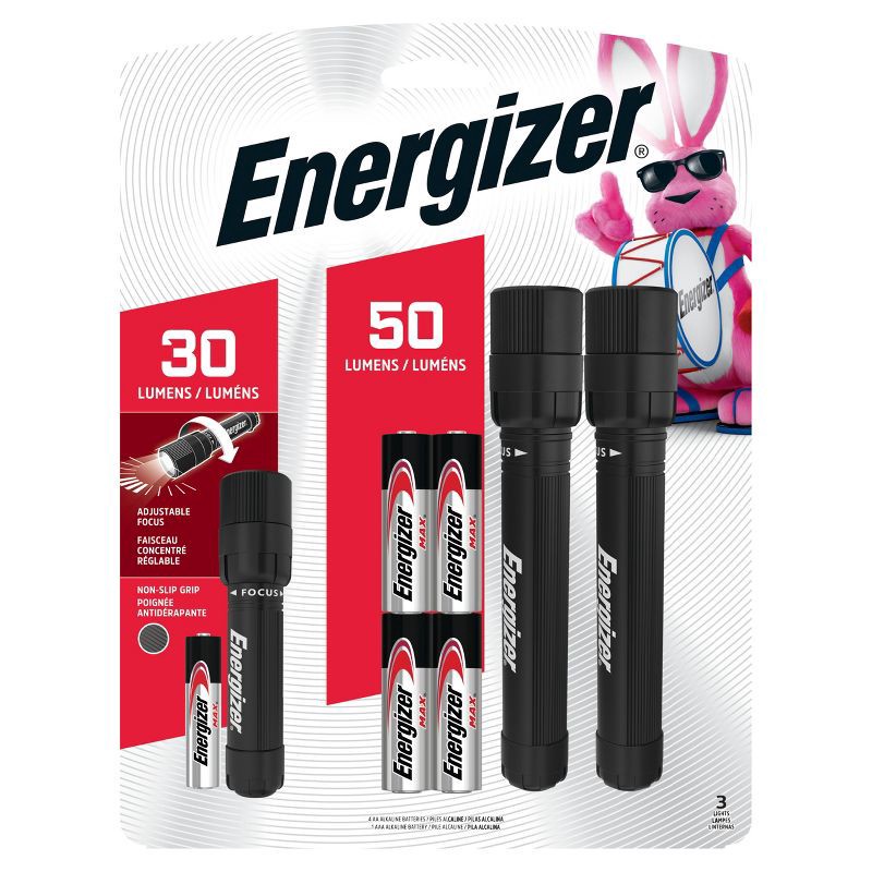 slide 1 of 3, Energizer 3pk X Focus LED Flashlight: Small Portable Light Set with Batteries, Adjustable LED, Black, All Ages, 3 ct