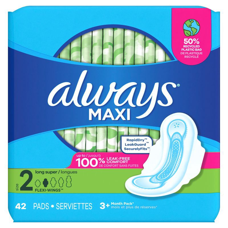 slide 2 of 9, Always Maxi Pads Long Super Absorbency Unscented with Wings - Size 2 - 42ct, 42 ct