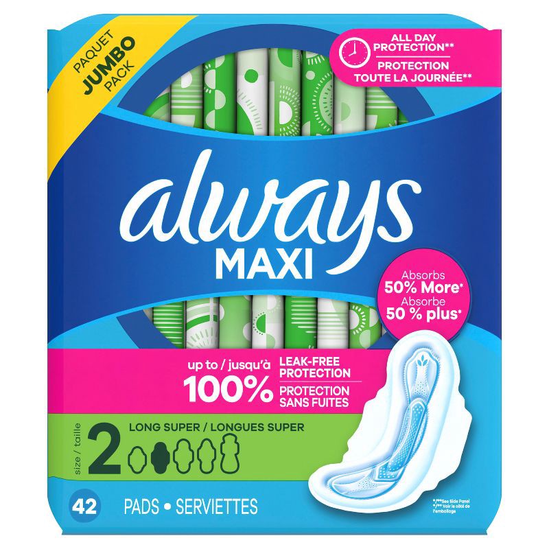 slide 3 of 10, Always Maxi Pads Long Super Absorbency Unscented with Wings - Size 2 - 42ct, 2 pk; 42 ct