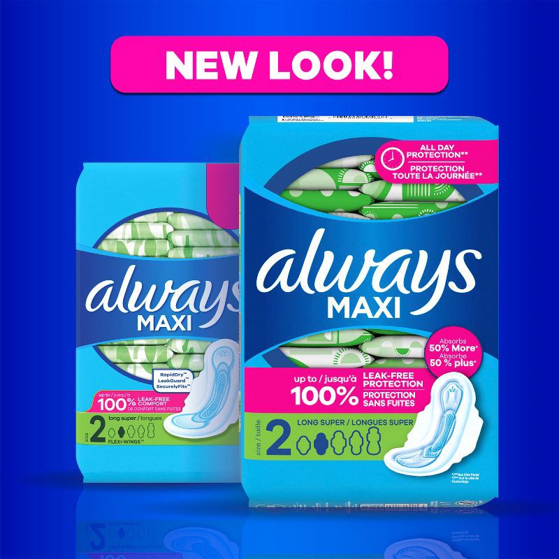 slide 9 of 10, Always Maxi Pads Long Super Absorbency Unscented with Wings - Size 2 - 42ct, 2 pk; 42 ct