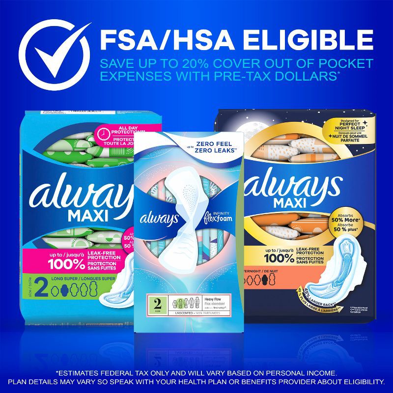 slide 10 of 10, Always Maxi Pads Long Super Absorbency Unscented with Wings - Size 2 - 42ct, 2 pk; 42 ct