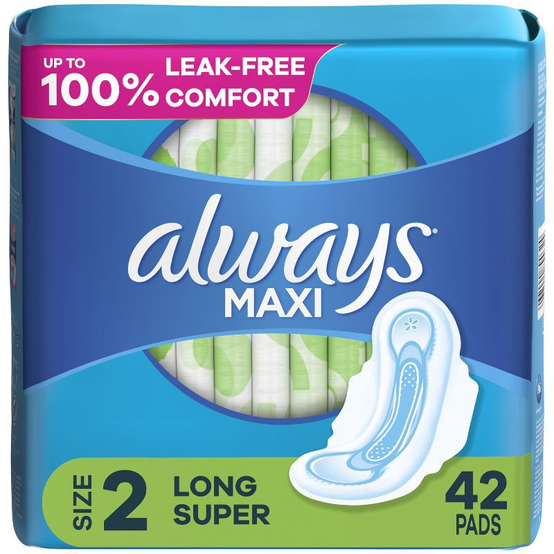 slide 1 of 9, Always Maxi Pads Long Super Absorbency Unscented with Wings - Size 2 - 42ct, 42 ct