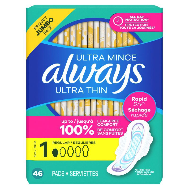 slide 9 of 13, Always Ultra Thin Pads Unscented with Wings - Regular Absorbency - Size 1 - 46ct, 46 ct