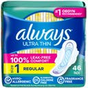 Always Ultra Thin Pads Unscented with Wings - Regular Absorbency - Size 1 - 46ct