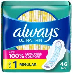 Always Ultra Thin Pads Unscented with Wings - Regular Absorbency - Size 1 - 46ct