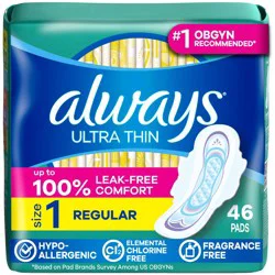 Always Ultra Thin Pads Unscented with Wings - Regular Absorbency - Size 1 - 46ct