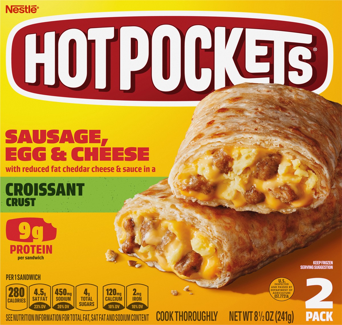 slide 2 of 14, Hot Pockets Croissant Crust Sausage, Egg & Cheese Sandwich 2 Pack, 2 ct