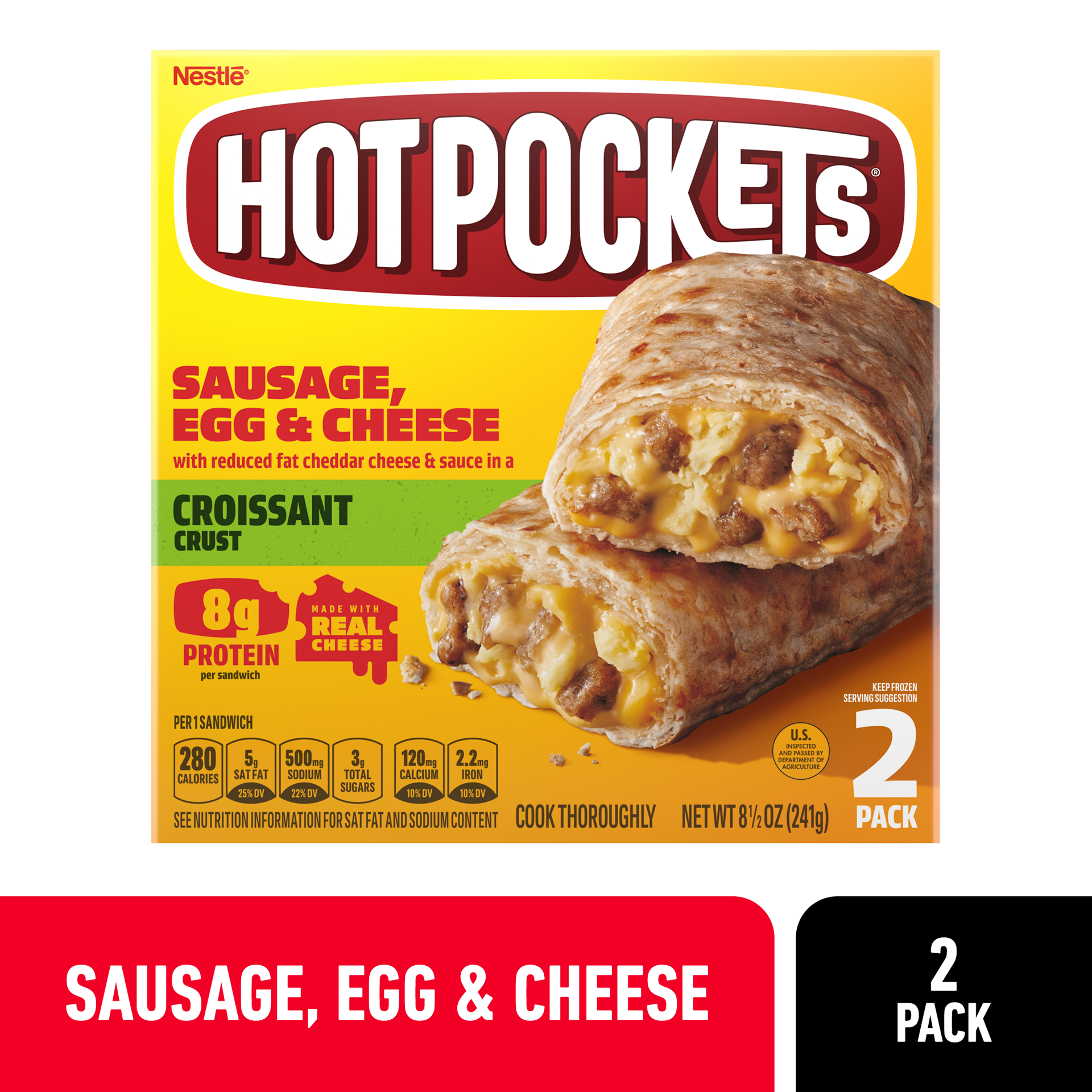 slide 1 of 14, Hot Pockets Sausage, Egg & Cheese Croissant Crust Frozen Breakfast Sandwiches, Breakfast Hot Pockets Made with Cheddar Cheese, 2 Count, 8.5 oz