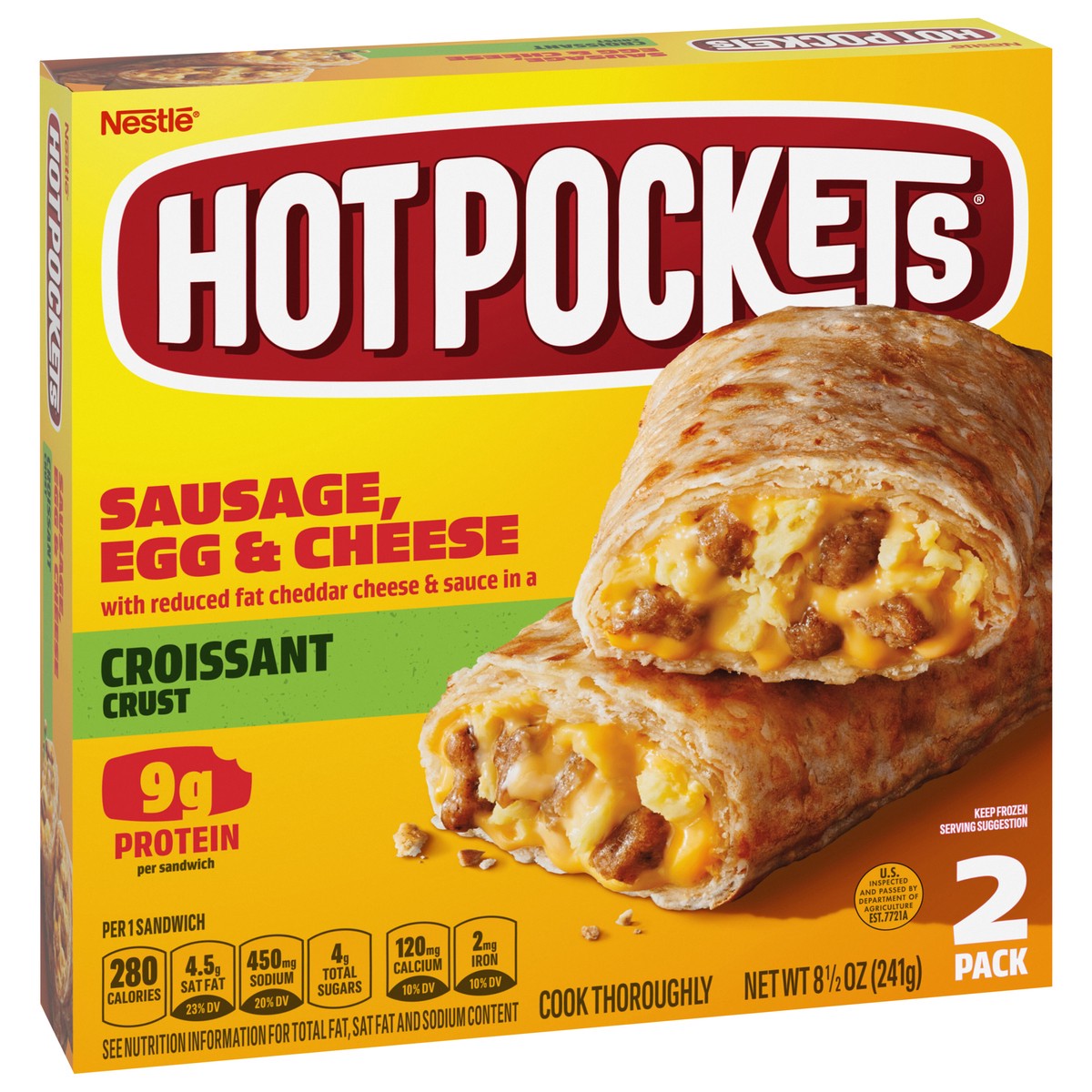 slide 2 of 14, Hot Pockets Sausage, Egg & Cheese Croissant Crust Frozen Breakfast Sandwiches, Breakfast Hot Pockets Made with Cheddar Cheese, 2 Count, 8.5 oz