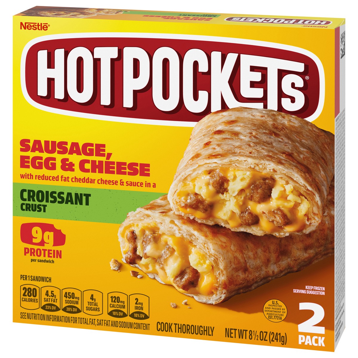 slide 8 of 14, Hot Pockets Sausage, Egg & Cheese Croissant Crust Frozen Breakfast Sandwiches, Breakfast Hot Pockets Made with Cheddar Cheese, 2 Count, 8.5 oz