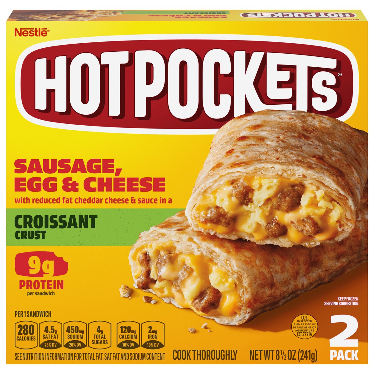 slide 3 of 14, Hot Pockets Sausage, Egg & Cheese Croissant Crust Frozen Breakfast Sandwiches, Breakfast Hot Pockets Made with Cheddar Cheese, 2 Count, 8.5 oz