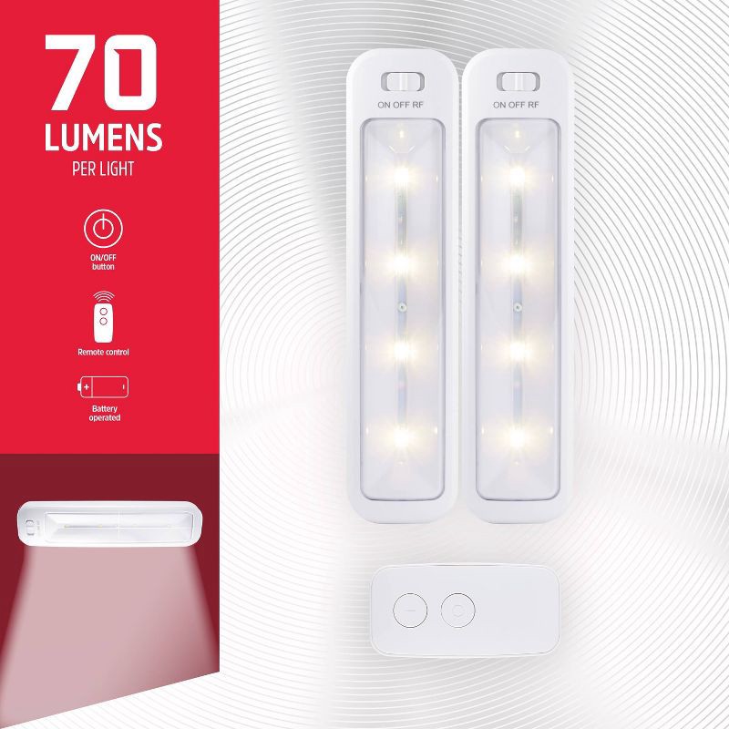 slide 2 of 10, Energizer 10" 2pk 70 Lumens Battery Operated LED Cabinet Lights Bar with Wireless RF White: Closet Light, Remote Control, 2 ct